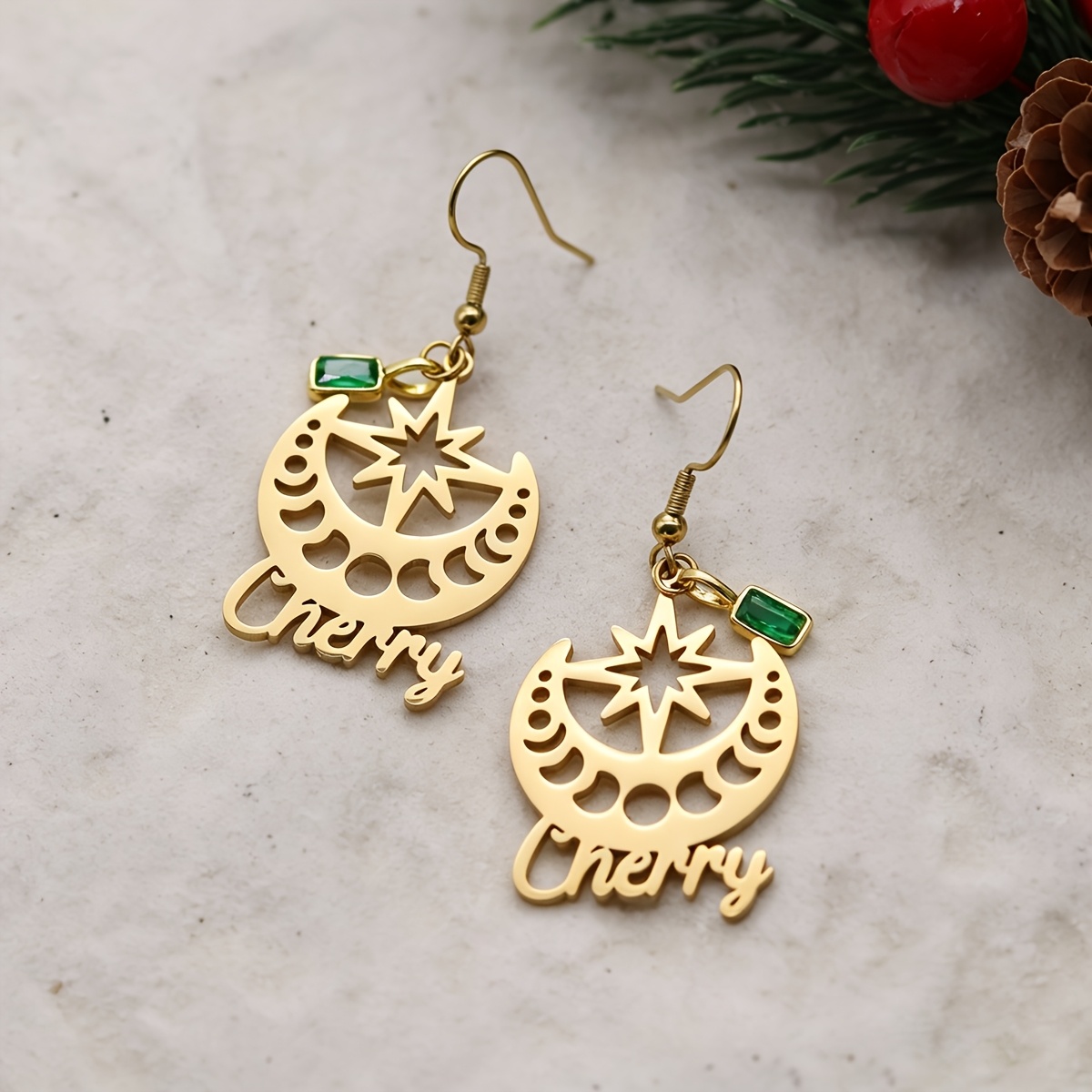 Personalized Moon Star Earrings with Custom Name and Green Zirconia